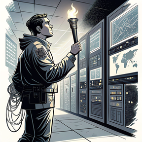 man holding a torch in front of a rack of servers